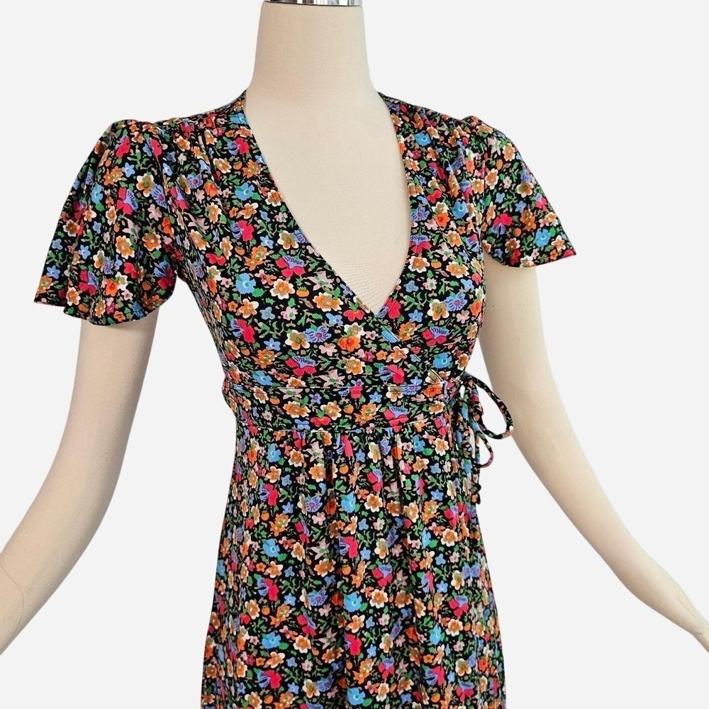 Vintage Rainbow Floral Wrap Dress w/ Tie Waist Fluttery Sleeve Black Gown V-neck - Picture 5 of 8